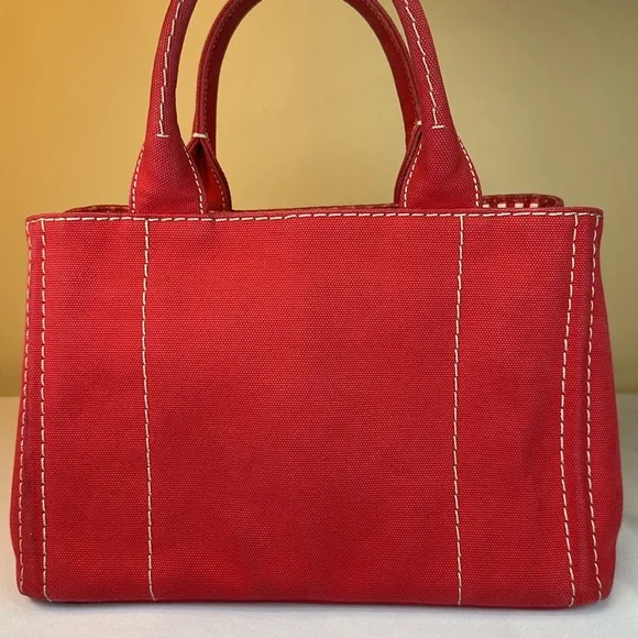 Prada Canapa Red Denim Canvas Snap Sides, Adjustable Removable Strap, Auth Cards - Picture 7 of 16